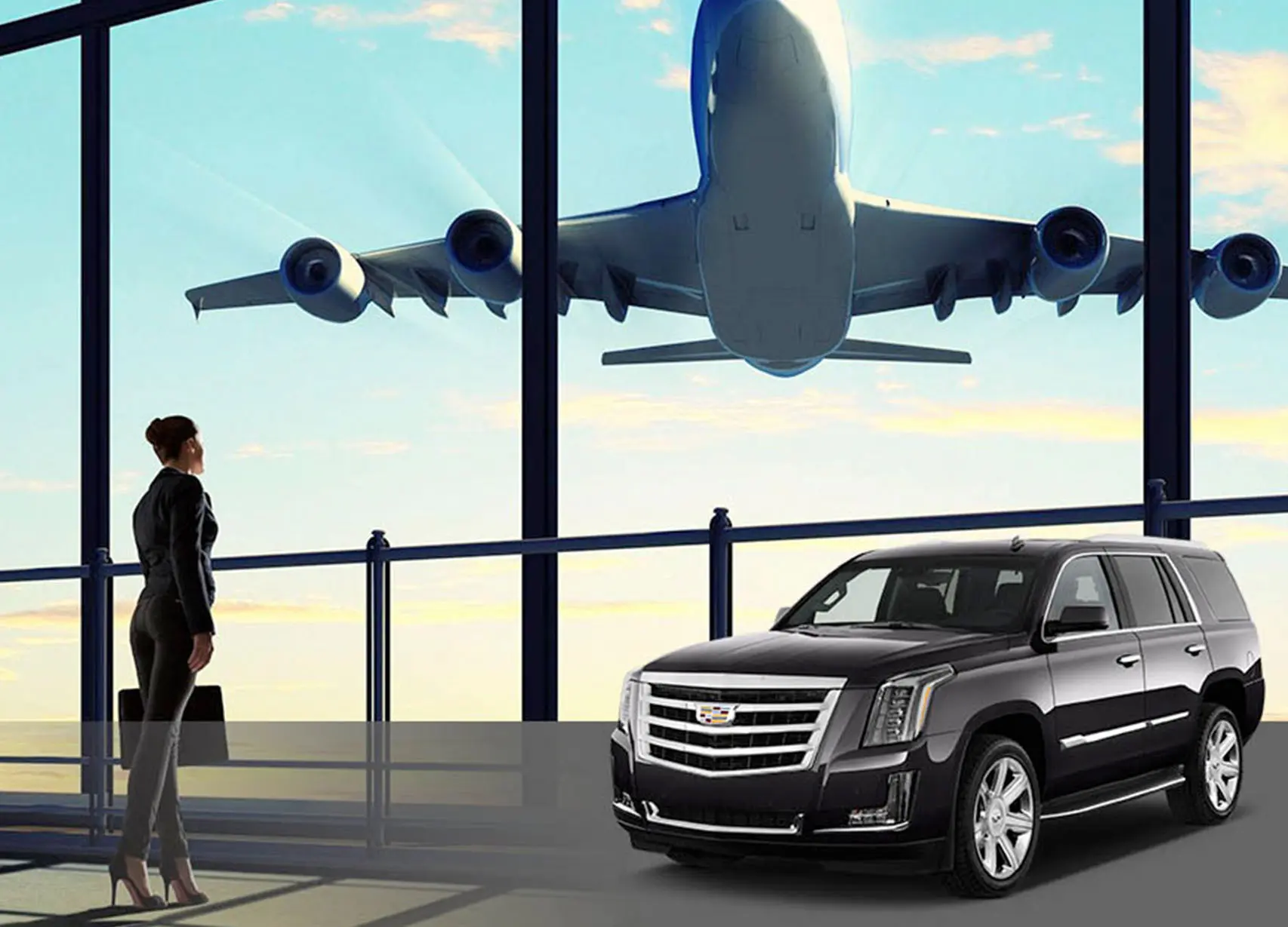 Limo Car to ISP Airport A business professional stands at an airport terminal window