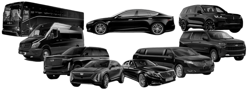 Various luxury black vehicles including limousines, SUVs, and vans for limo service in New York.