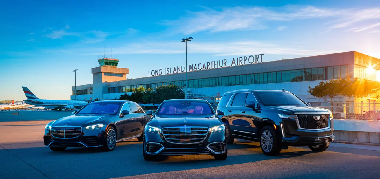 Limo car to isp airport Three luxury cars parked in front of Long Island MacArthur Airport at sunset