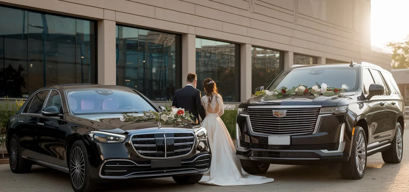 wedding transportation a bride and groom standing next to a black car