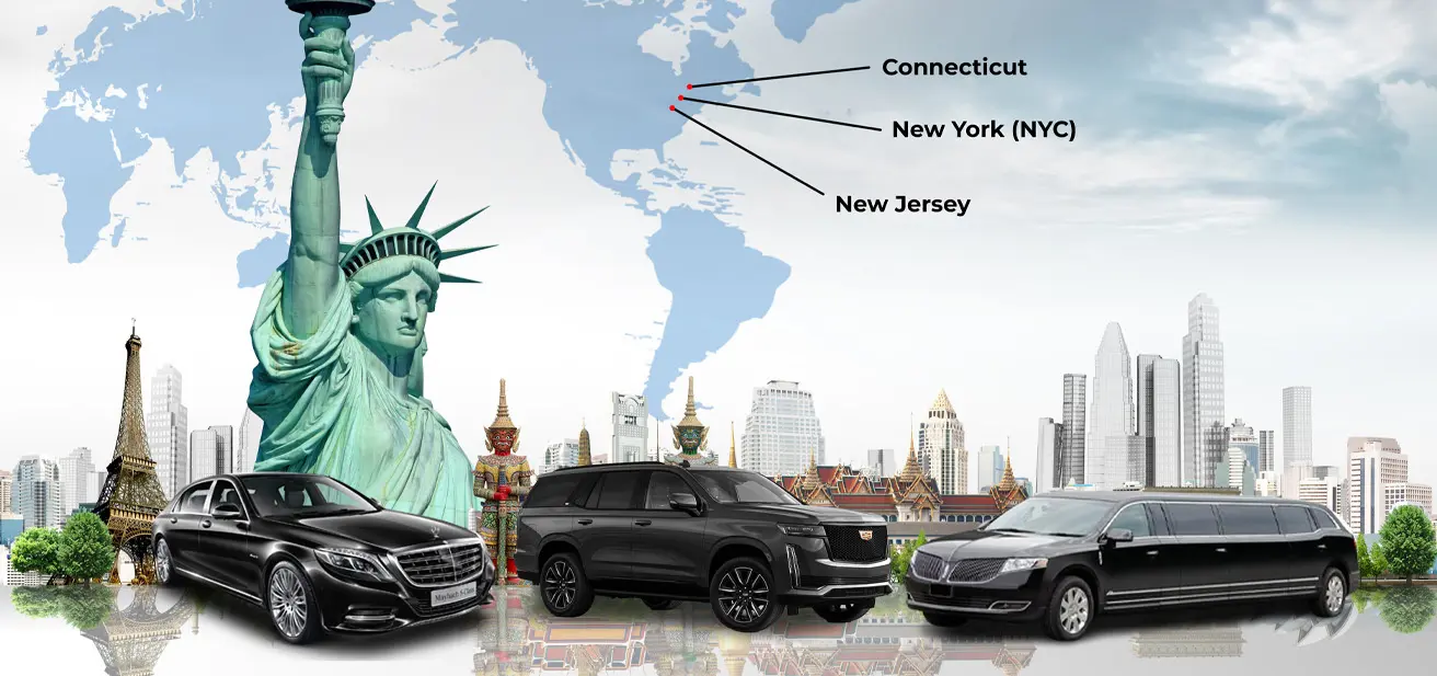 Best New York Tours a group of vehicles parked in front of a statue of liberty