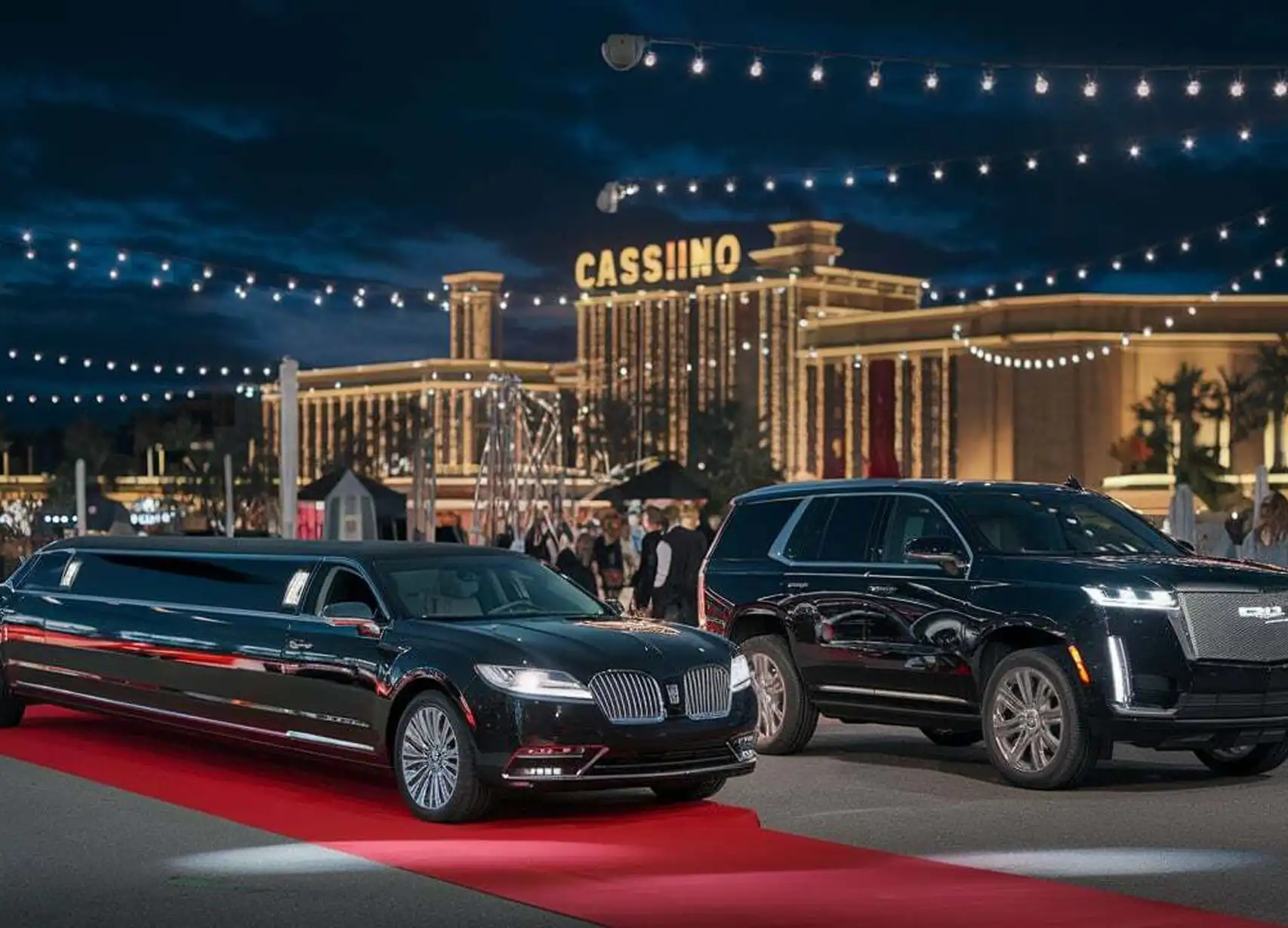 a line of luxury cars parked in front of a casino