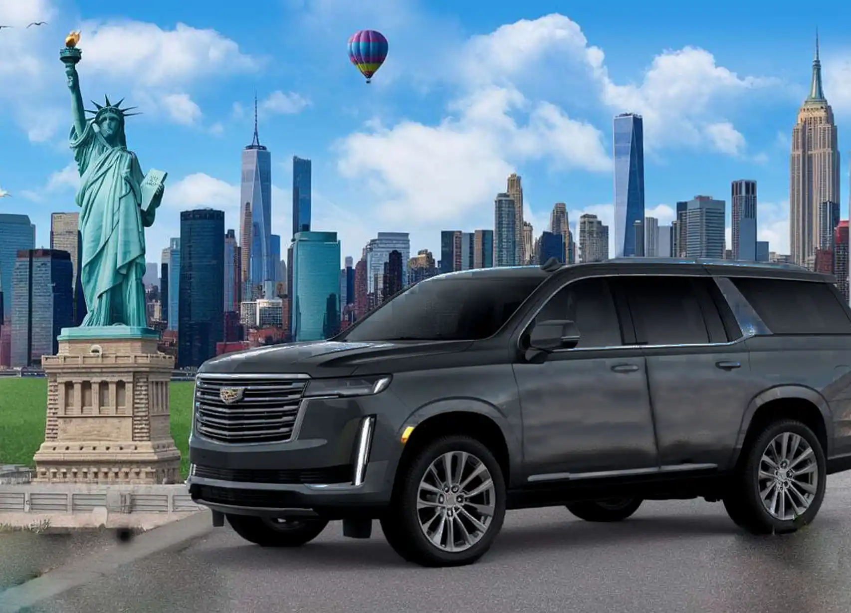 best new york tours a silver cadillac suv parked in front of the statue of liberty