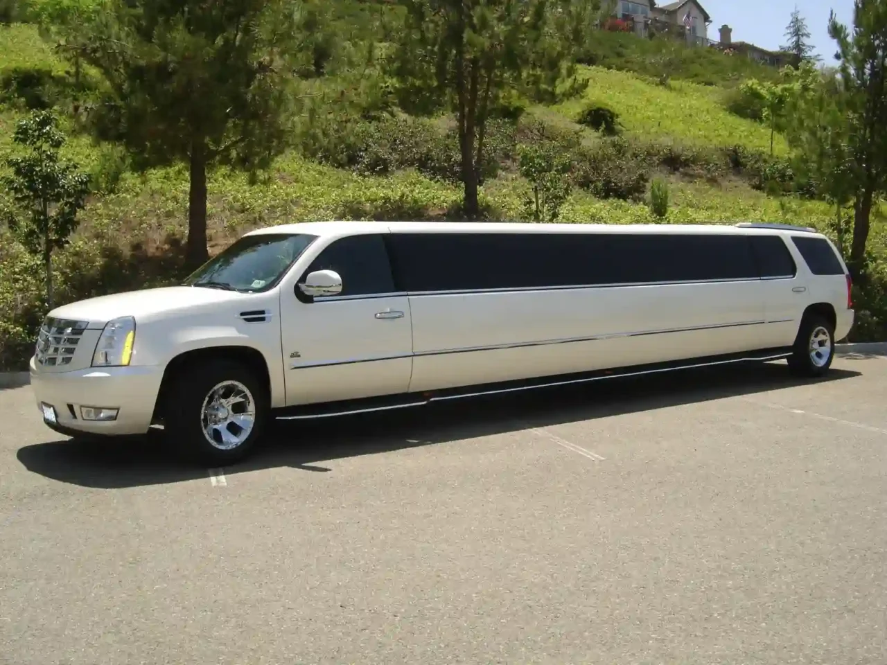 limo vs stretch limo
a white limousine parked in a parking lot