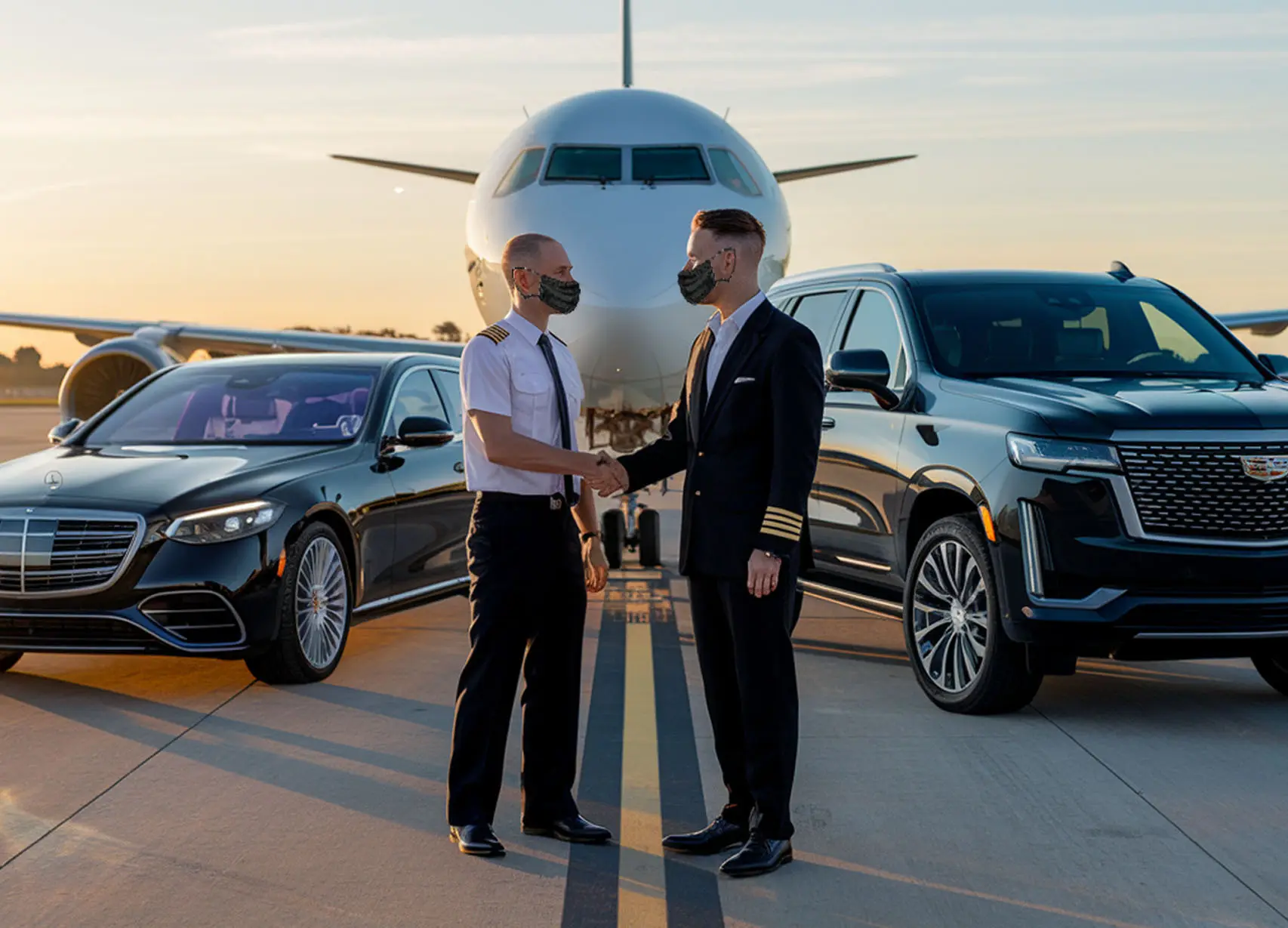 Limo transportation two men shaking hands in front of a plane